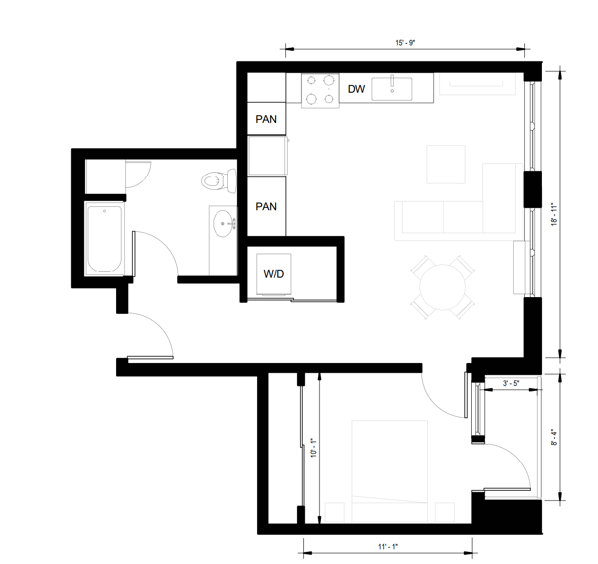Floor plan for 1 bed, 1 bath, 657 sqft
